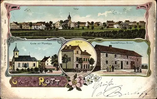 Litho Rott Roetgen, Schule, Geschäftshaus Braun, Kirche, Pfarrhaus, Totalansicht