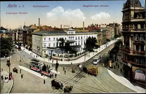 Ak Halle a.d. Saale, Riebeckplatz, Magdeburgerstraße, Leipzigerstraße, Tram