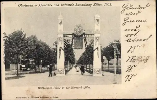 Ak Zittau in Sachsen, Oberlausitzer Gewerbe- und Industrie-Ausstellung, 1902, Pforte, Bismarck-Allee