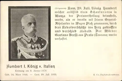 Ak Humbert I. König von Italien, Portrait, Krönung am 9. Jänner 1878
