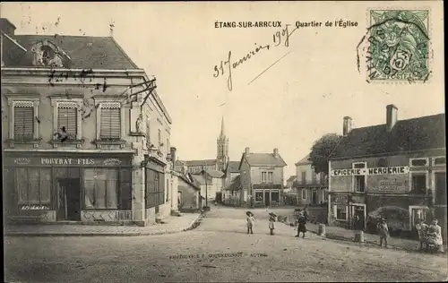 Ak Étang sur Arroux Saône et Loire, Quartier de l'Eglise, Epicerie, Mercerie