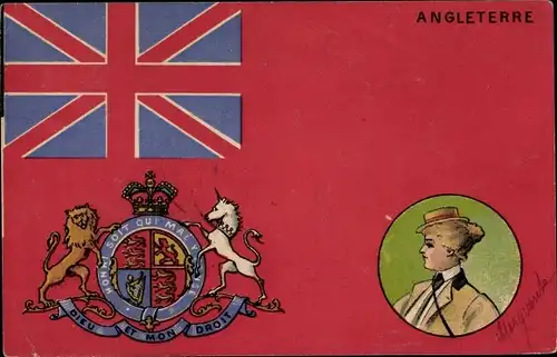 Wappen Ak Großbritannien, Angleterre, Dieu et mon droit, Frau, Fahne