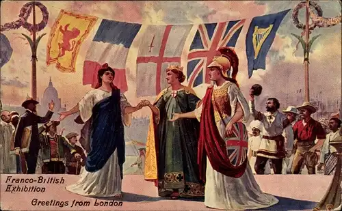 Künstler Ak White City London City, Franco British Exhibition 1908, Fahnen, Allegorie Nationen