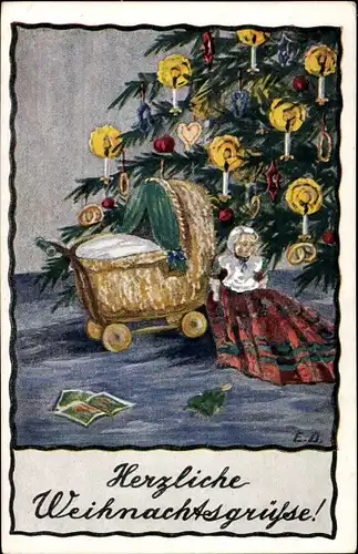 Künstler Ak Dutschmann, Glückwunsch Weihnachten, Weihnachtsbaum, Kerzen, Puppenwagen, Puppe