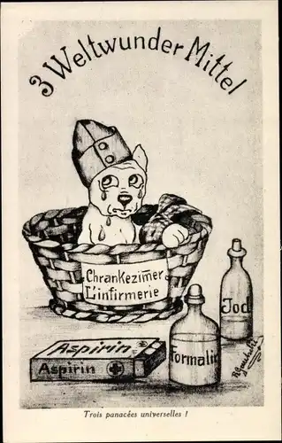 Künstler Ak Gautschi, 3 Weltwunder Mittel, L'Infirmerie, Formalin, Jod, Aspirin