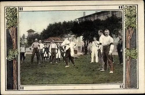 Passepartout Ak Männer mit Armbinden und Stöcken, Sport