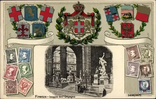 Präge Wappen Briefmarken Ak Firenze Florenz Toscana, Loggia dell'Orgagna