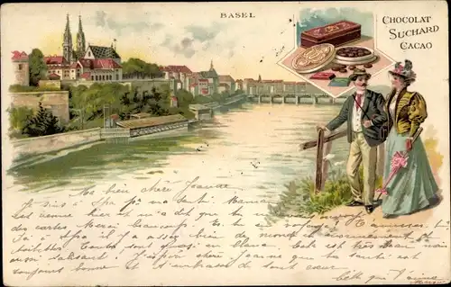 Litho Bâle Basel Stadt Schweiz, Stadtpanorama, Spaziergänger, Reklame Chocolat Suchard Cacao