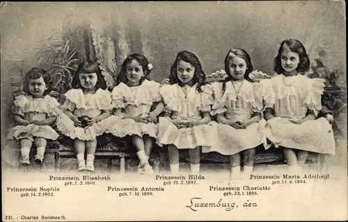 Ak Prinzessinnen von Luxemburg, Maria Adelheid, Charlotte, Hilda, Antonia, Elisabeth, Sophie