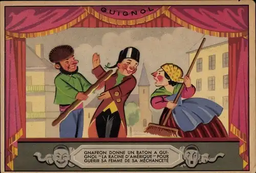 Ak Guignol, Gnafron donne un baton, Puppentheater, Aspirine, Usines du Rhone, Reklame