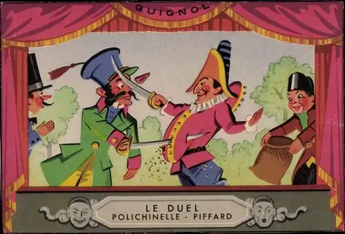 Ak Guignol, le Duel Polichinelle Piffard, Puppentheater, Aspirine, Usines du Rhone, Reklame