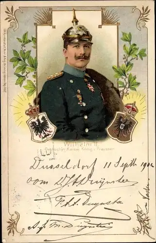 Wappen Litho Kaiser Wilhelm II., Portrait, Uniform, Pickelhaube