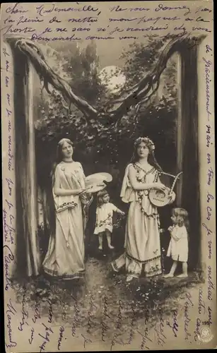 Buchstaben Ak M, Frauen mit Malerpalette und Handharfe, Kinder
