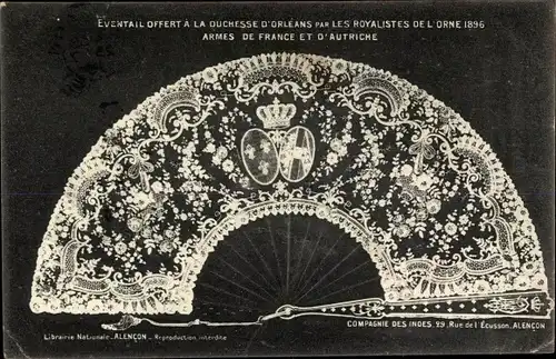 Ak Eventail offert a la Duchesse d'Orleans par les Royalistes de l'Orne 1896, Fächer, Klöppelwerk