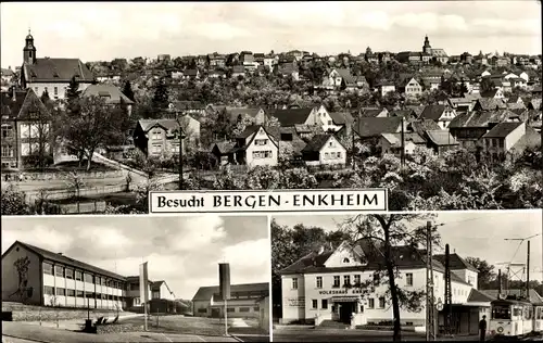 Ak Bergen Enkheim Frankfurt am Main, Gesamtansicht, Straßenpartie, Volkshaus, Straßenbahn