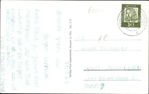 Ak Bergen Enkheim Frankfurt am Main, Gesamtansicht, Straßenpartie, Volkshaus, Straßenbahn