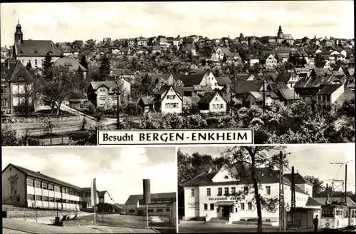 Ak Bergen Enkheim Frankfurt am Main, Gesamtansicht, Straßenpartie, Volkshaus, Straßenbahn