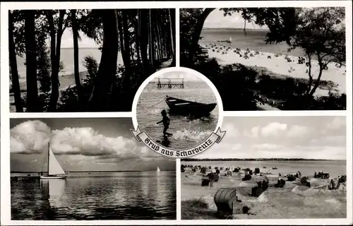 Ak Ostseebad Scharbeutz in Ostholstein, Strandpartie, Strandkörbe, Blick auf die See, Segelboot