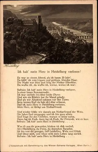 Mondschein Ak Heidelberg, Lied "Ich hab' mein Herz in Hedelberg verloren!", Blick über die Stadt