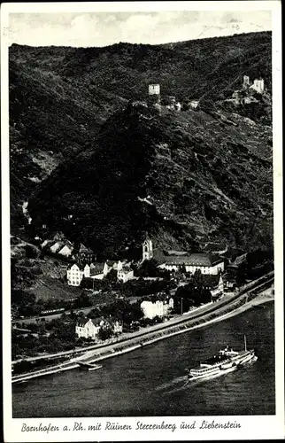 Ak Bornhofen am Rhein, Ruinen Sterrenberg und Liebenstein, Panorama, Flusslauf