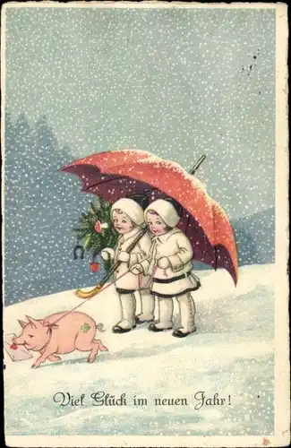 Ak Glückwunsch Neujahr, Kinder mit Regenschirm im Schneefall, Schwein, Hufeisen, Kleeblatt