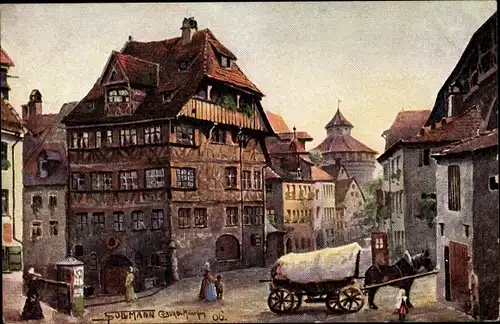 Künstler Ak Sollmann, Nürnberg Mittelfranken, Blick auf das Albrecht Dürerhaus, Kutsche