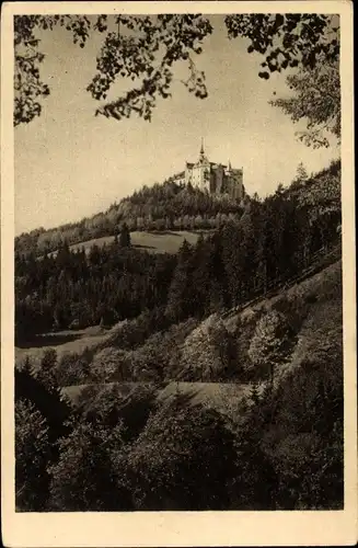 Ak Lauenstein Ludwigsstadt in Oberfranken, Blick aus dem Loquitztal auf die Burg Lauenstein