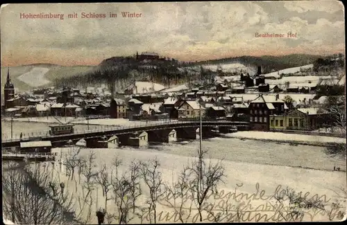 Ak Hohenlimburg Hagen in Westfalen, Teilansicht mit Schloss im Winter, Bentheimer Hof