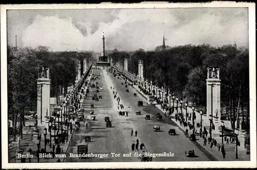 Ak Berlin Tiergarten, Blick vom Brandenburger Tor auf die Siegessäule, Verkehr