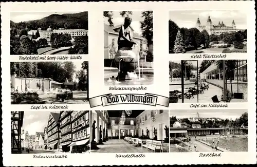 Ak Bad Wildungen in Nordhessen, Brunnenstraße, Strandbad, Café im Kurpark, Hotel Fürstenhof