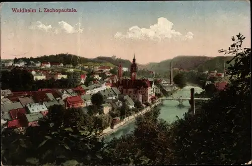 Ak Waldheim Zschopautal, Blick auf den Ort, Kirche, Schloss, Brücke, Fluss