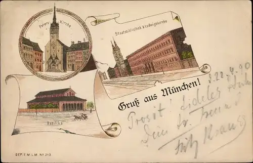 Vorläufer Litho München Bayern, Staatsbibliothekm, Peterskirche, Basilika, Ludwigskirche, 1890