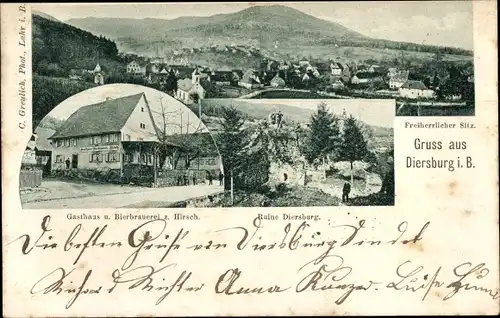 Ak Diersburg Hohberg Ortenaukreis, Gasthaus u. Bierbrauerei z. Hirsch, Ruine, Freiherrlicher Sitz