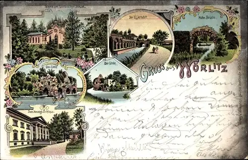 Litho Oranienbaum Wörlitz in Anhalt, Hohe Brücke, Gornisches Haus, Stein, Schloss