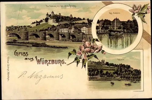 Litho Würzburg am Main Unterfranken, Schloss, Festung, alte Brücke, Kapelle