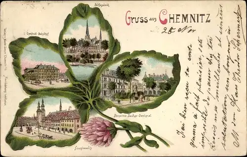 Kleblatt Litho Chemnitz in Sachsen, Bahnhof, Hauptmarkt, Börse mit Becker-Denkmal, Schlossteich