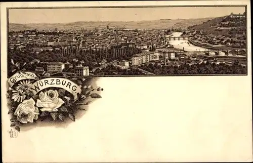 Litho Würzburg, Festung Marienberg, Mainbrücke, Altstadt