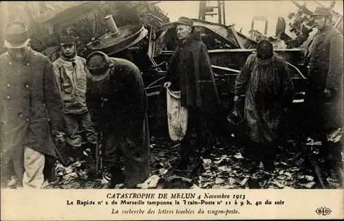 Ak Melun Seine et Marne, Catastrophe 4.11.1913, lettres tombés du wagon poste