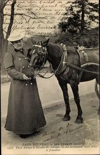 Ak Kutscherin Cocher mit Pferd, Portrait