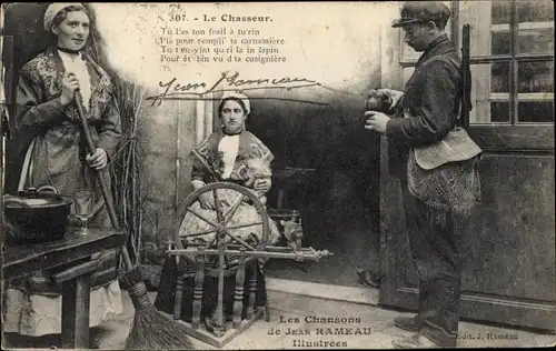 Ak Le Chasseur, Jäger, Bauernstube, Französische Tracht, Spinnrad