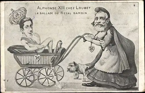 Künstler Ak Orens, Karikatur, König Alphons XIII von Spanien, Emile Loubet, Kinderwagen
