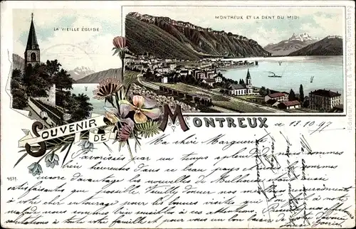 Litho Montreux Kt. Waadt, La Vieille Eglise, La Dent du Midi