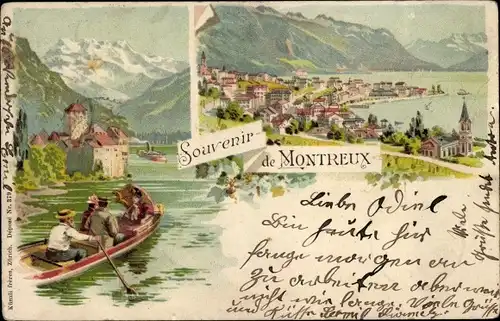 Litho Montreux Kanton Waadt Schweiz, Gesamtansicht, Ruderboot