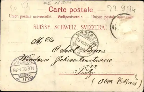 Litho Montreux Kanton Waadt Schweiz, Gesamtansicht, Ruderboot