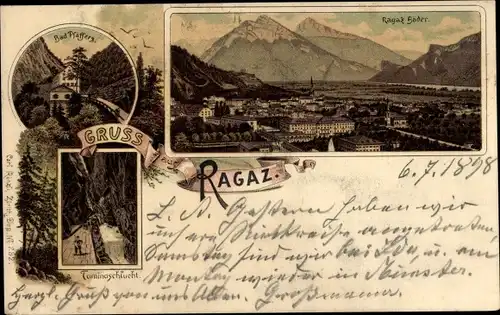 Litho Bad Ragaz Kanton St. Gallen, Gesamtansicht, Taminaschlucht, Bad Pfäffers