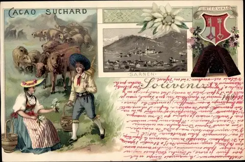 Litho Sarnen Kt. Obwalden Schweiz, Wappen Unterwald, Cacao Suchard Reklame, Senn