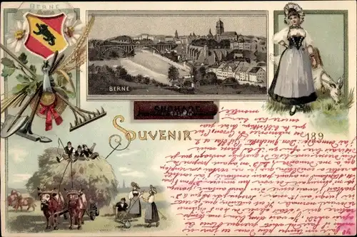 Litho Bern Stadt Schweiz, Stadtpanorama, Frau in Tracht, Heuwagen, Feldarbeiter, Suchard