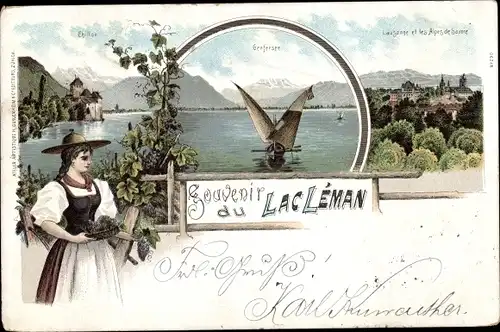 Litho Lausanne Kanton Waadt, Chillon, Lac Léman, Genfer See