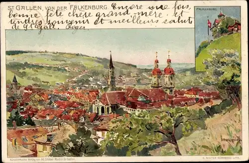 Künstler Litho Sankt Gallen Stadt Schweiz, Gesamtansicht von der Falkenburg