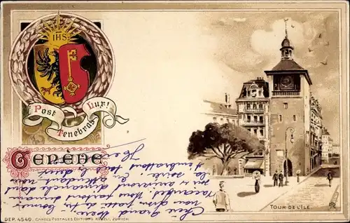 Präge Wappen Litho Genève Genf Stadt, Tour de l'Ile